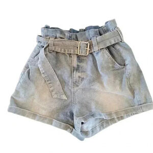 𝅺NoBo Women's Junior's Blue Denim Paper Bag Shorts with Belt
